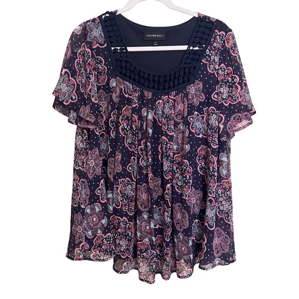 Lane Bryant Womens Floral Short Sleeve Navy Top Size 12‎ Boho Lagenlook